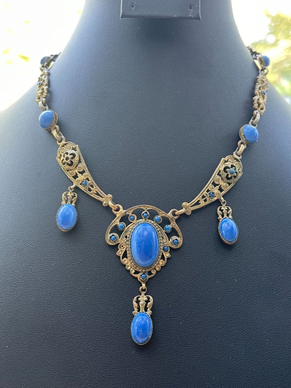 Vtg Art Nouveau Blue Glass Stone Gold Tone Necklace Signed Made in France